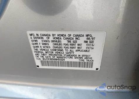 2008 Honda Ridgeline Rtl z USA, uszkodzony, nr VIN 2HJYK16508H513211